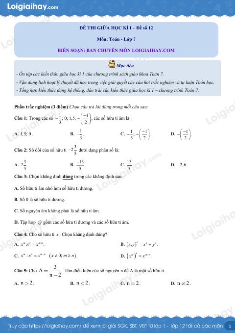 Đề thi giữa kì 1 Toán 7 - Đề số 12